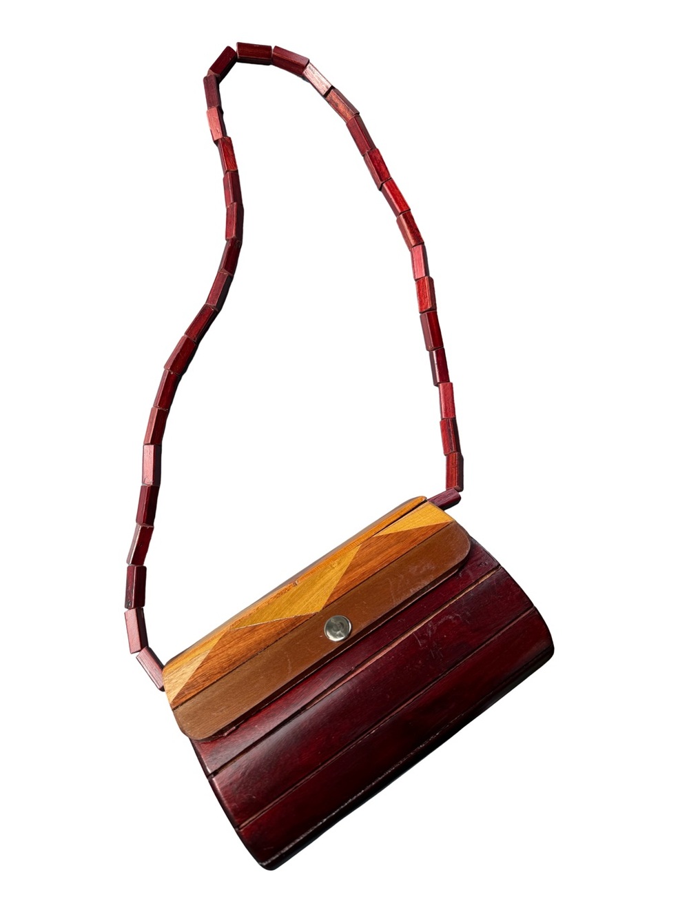 Vintage Wooden Burgundy Mini Purse Bag Long Beaded Strap